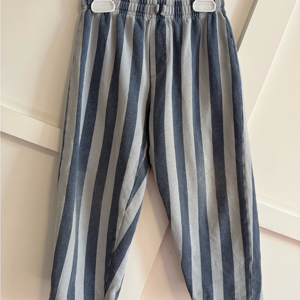 Zara Light Blue and Navy Striped Elastic-Waist Pants